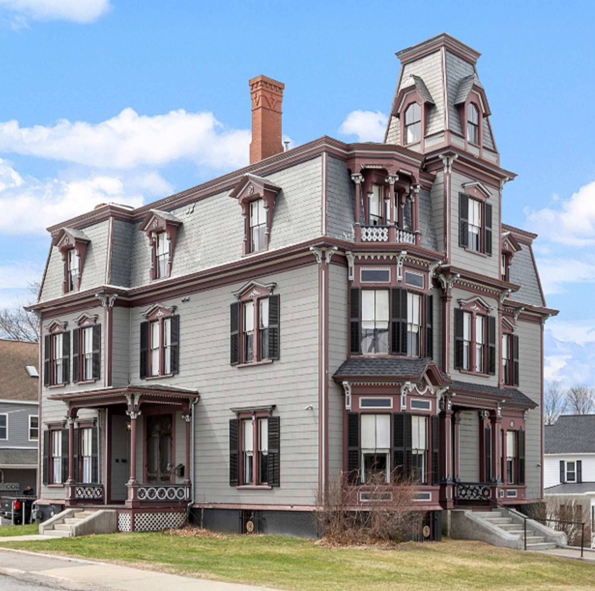 Modern terraced houses in a residential district on a cloudy autumn day